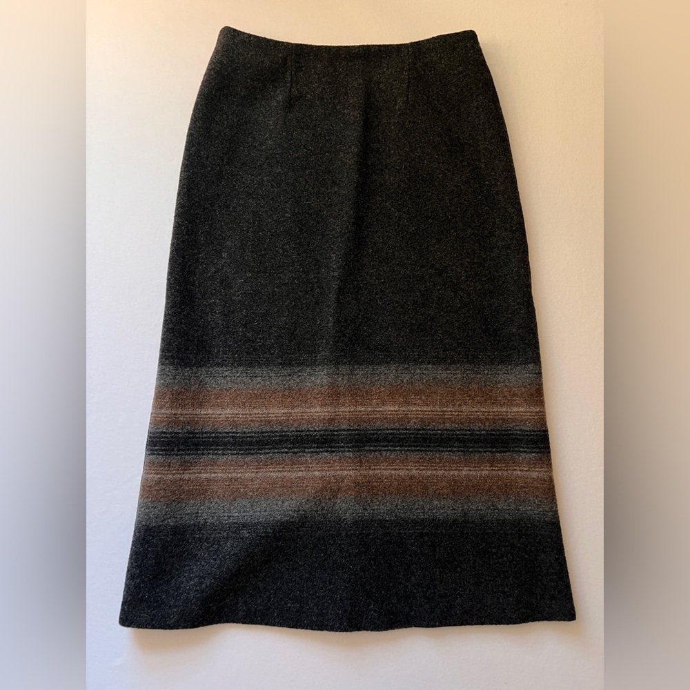 Cabela’s 100% Virgin Wool A-Line Midi Skirt Gray Brown Stripe Size 14